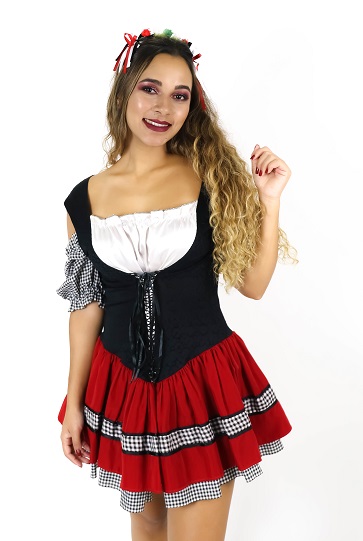 Camponesa Vestido Preto Detalhe Xadrez